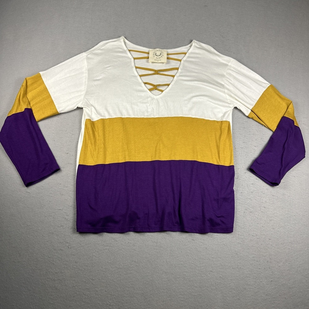 Fantastic Fawn Top Womens S Purple Colorblock Lace Up V Neck Long Sleeve